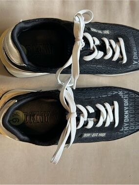 DKNY Black Logo-Print Sneakers with White Laces and Gold Heel Accent